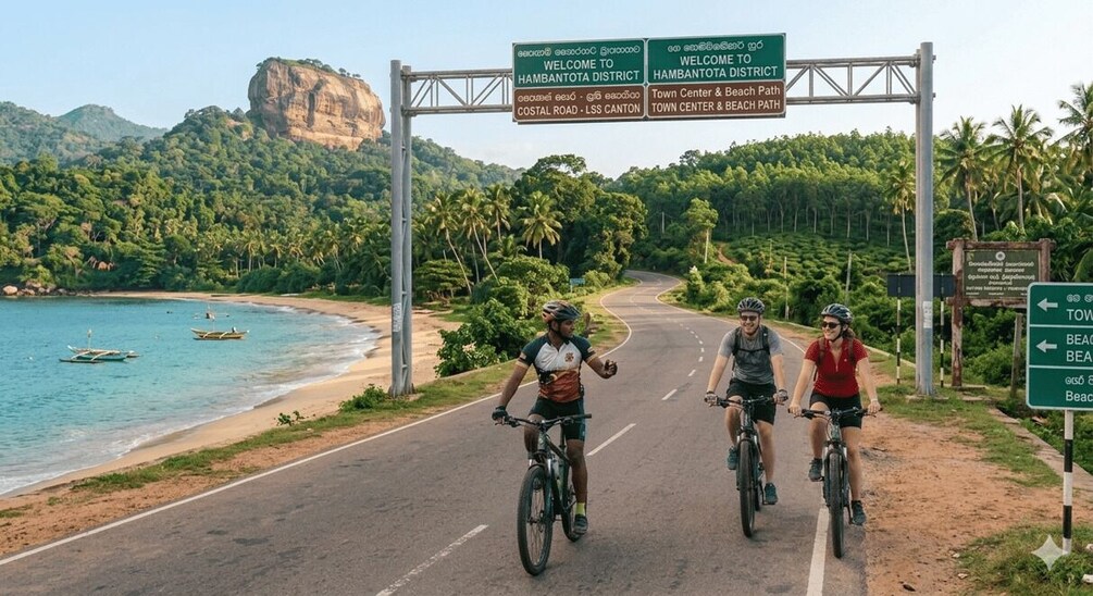 Three cyclists on a road with a beach and palm trees in the background. 3