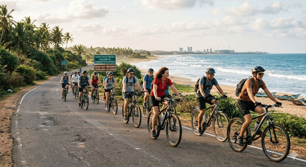 A group of cyclists on a coastal road with palm trees and ocean views. 2