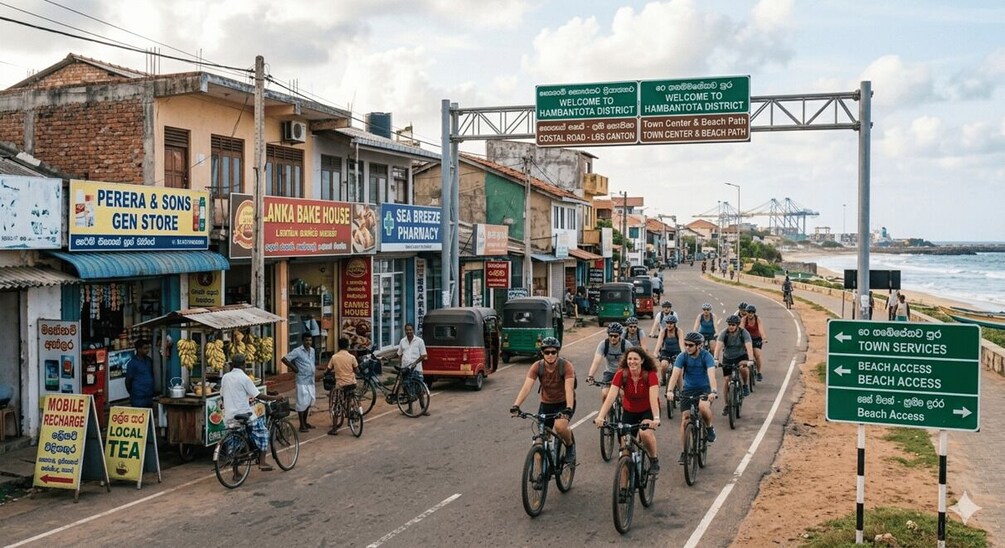 A coastal town with cyclists, shops, and a beach path sign. 1