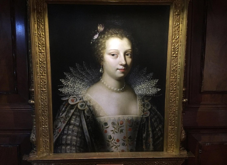 A portrait of a person with elaborate attire, including a lace collar and a patterned dress, framed in an ornate golden frame. 5