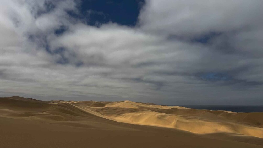 A desert landscape with sand dunes under a cloudy sky. 3