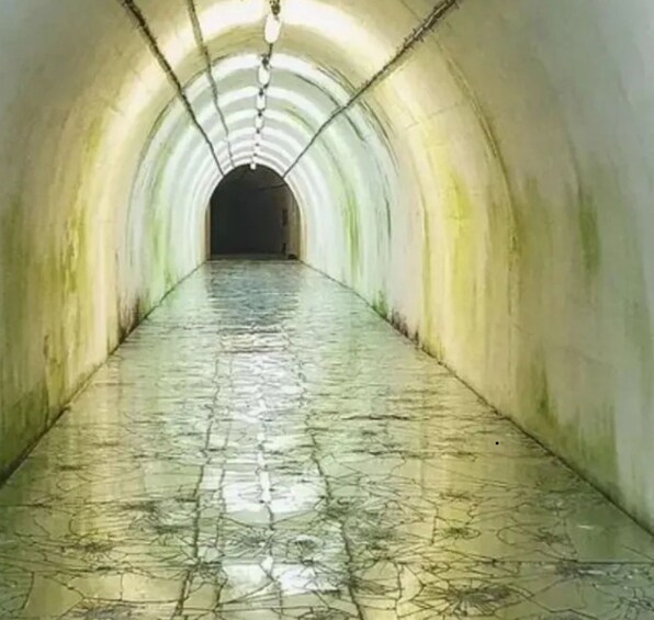 A tunnel with a cracked floor and walls, leading to a dark end. 3