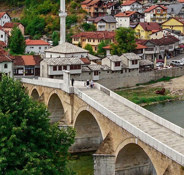 A stone bridge with arches over a river, surrounded by houses and a tower. 4