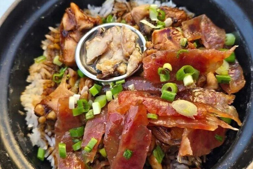 A dish with rice, meat, and green onions. 5