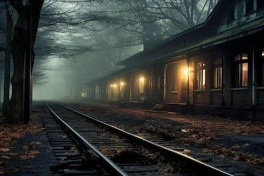 A foggy railway track with a building on the right. 2