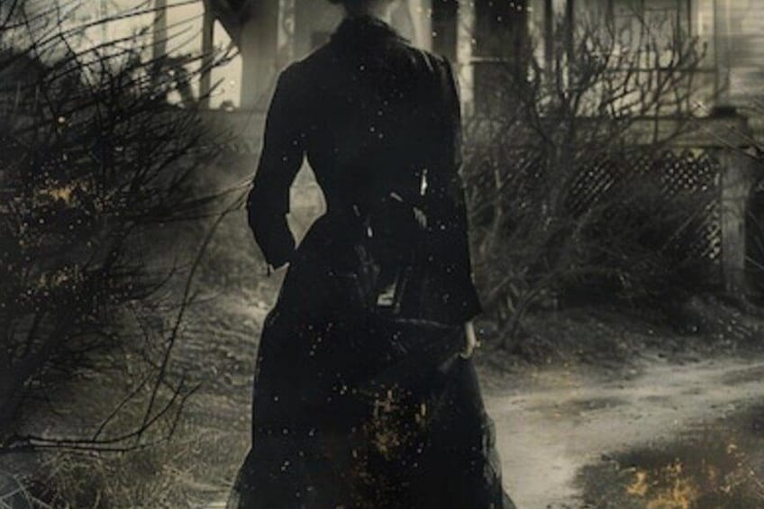 A person walking down a path surrounded by trees and a fence. 1