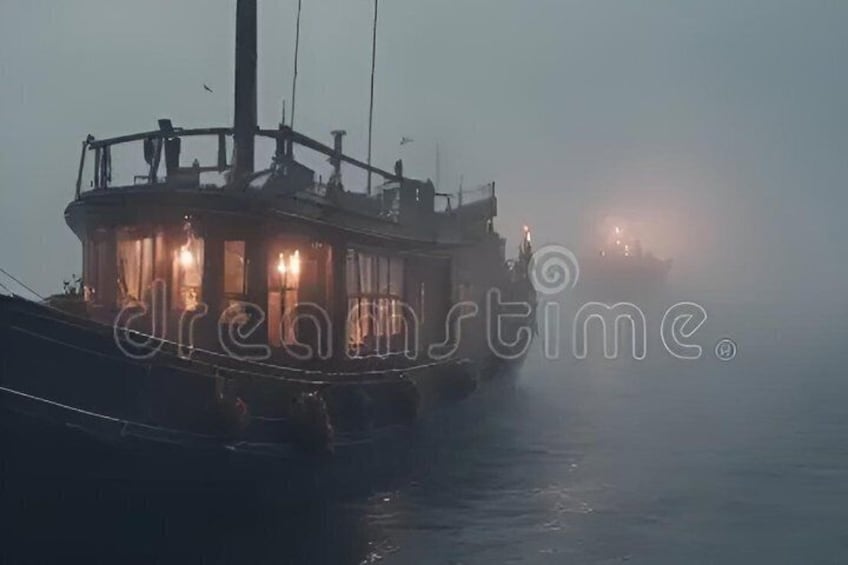 A foggy harbor with a boat docked, a building with lights, and another boat in the distance. 3