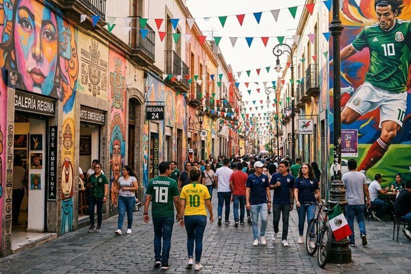 Une rue animée, ornée de peintures murales colorées et de drapeaux, bordée de boutiques et fréquentée par de nombreux piétons. 2