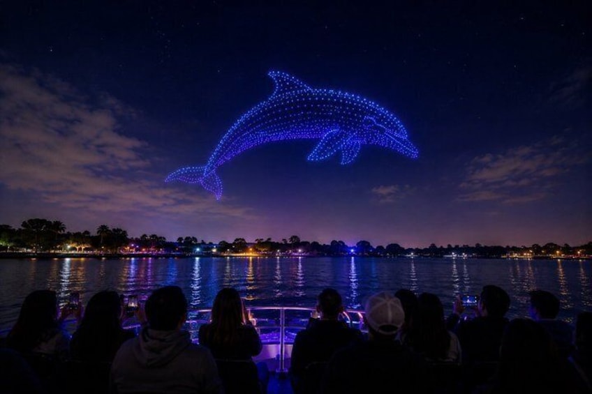 A nighttime scene with a dolphin-shaped light installation above a body of water, reflecting on the surface. 1