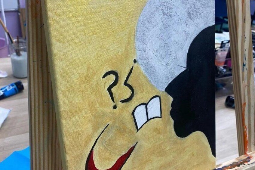 A painting of a character with a question mark and a book. 3