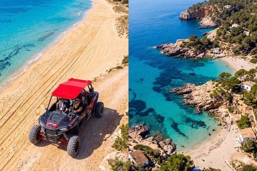 A red off-road vehicle on a sandy path near a beach, a rocky coastline, and houses on a hillside. 2
