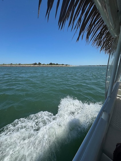 A boat moving through calm waters with a clear sky and a distant shoreline. 4