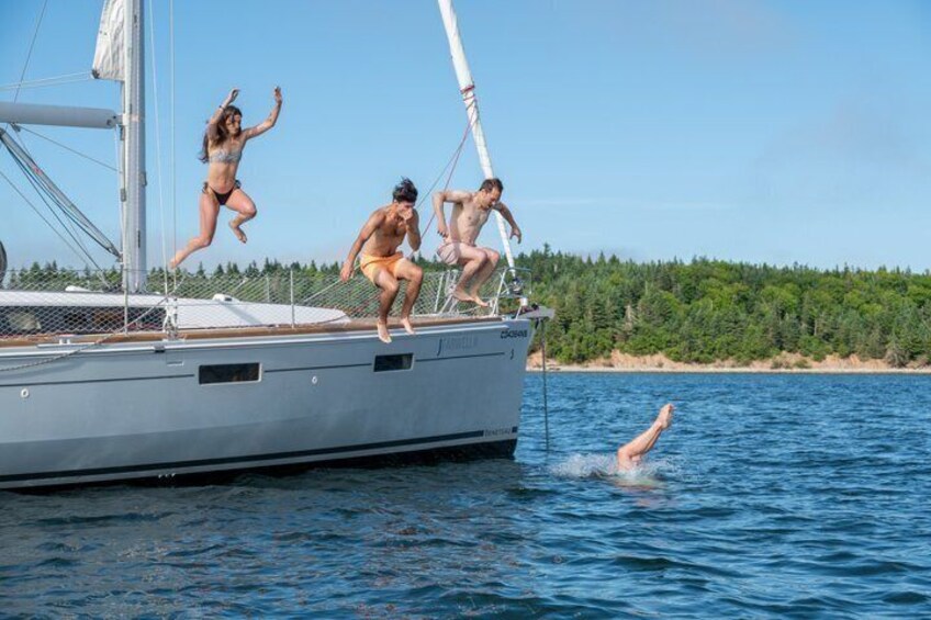 A sailboat with three people jumping into the water, surrounded by a forested shoreline. 5