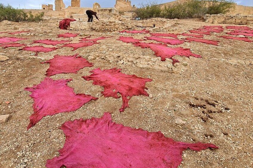 Red animal hides spread out on a dry, rocky ground with a person in the background. 5