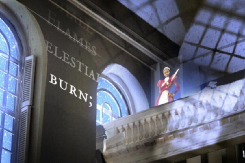 A building interior with a mural of a woman in a red dress and a sign reading 'FLAMES CELESTIAL BURN.' 1