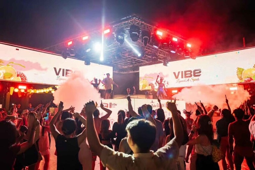 A concert with a stage, audience, and smoke effects. 5