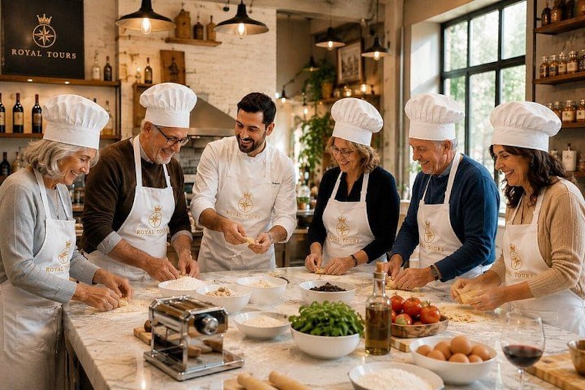 A group of people in a kitchen, wearing chef hats and aprons, preparing food. 2