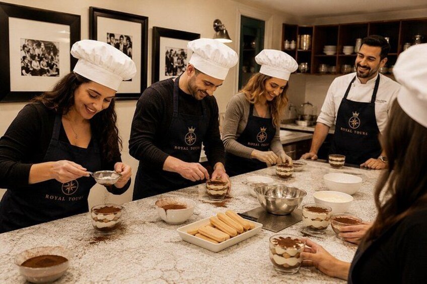 A group of people wearing chef hats and aprons, preparing food in a kitchen. 4