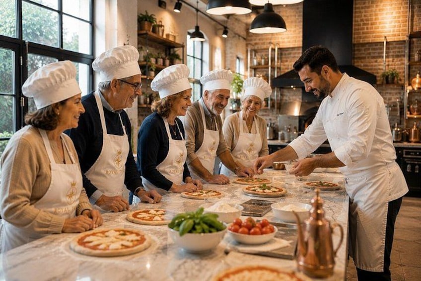 A group of chefs in a kitchen preparing pizzas. 5