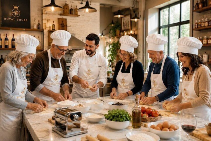 A group of people in chef hats and aprons preparing food in a kitchen. 2