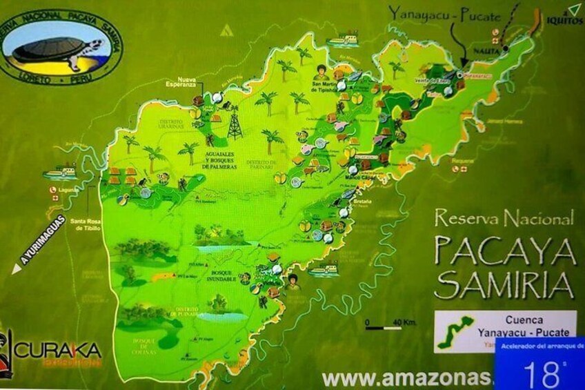 A map of Reserva Nacional Pacaya Samiria with marked locations like Santa Rosa, Laguna, and Curaka. 4
