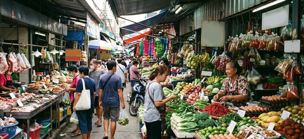 A bustling market with vendors selling fresh produce and meats. 1