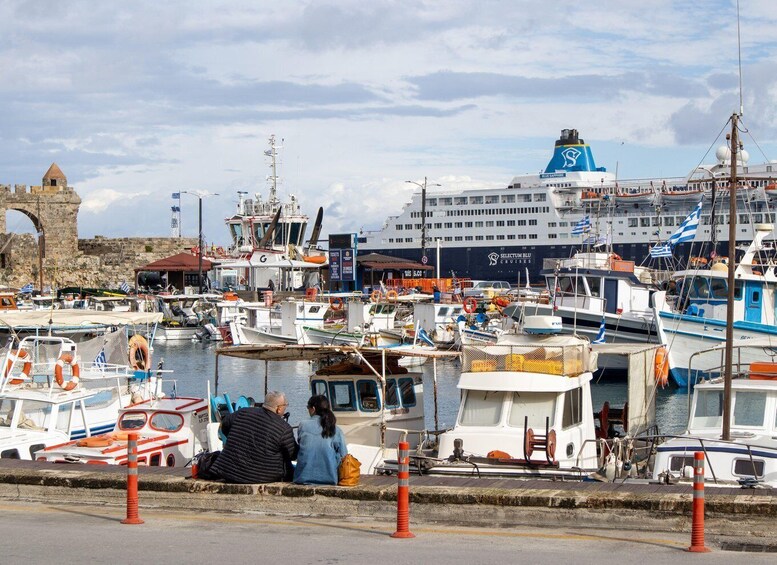 A harbor with various boats, a large cruise ship, and a historic stone archway. 3
