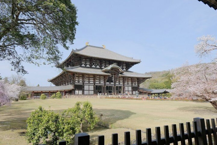 A traditional Japanese building with a large wooden structure, surrounded by cherry blossom trees. 5
