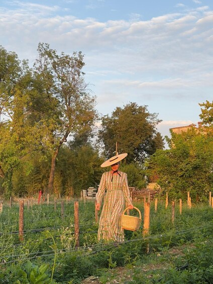 A person walking through a garden with a basket, surrounded by trees and a fence. 3