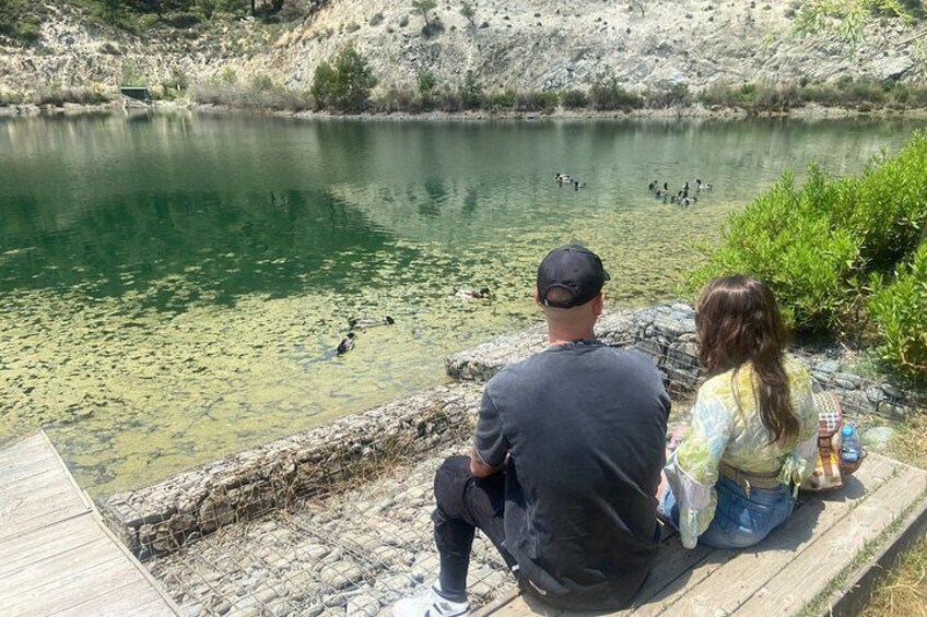 A couple sitting by a lake with ducks swimming. 3