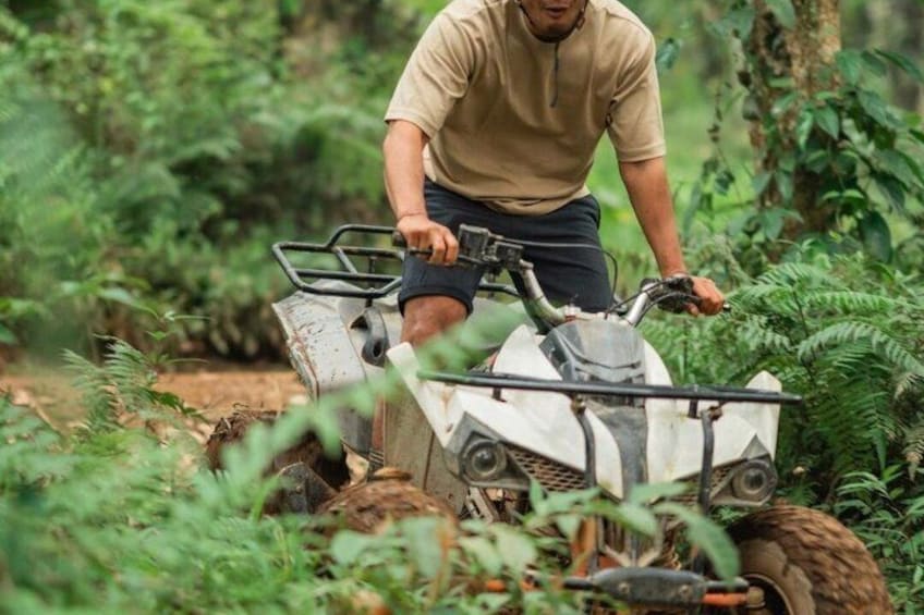 A person operating a white utility vehicle in a forested area. 1