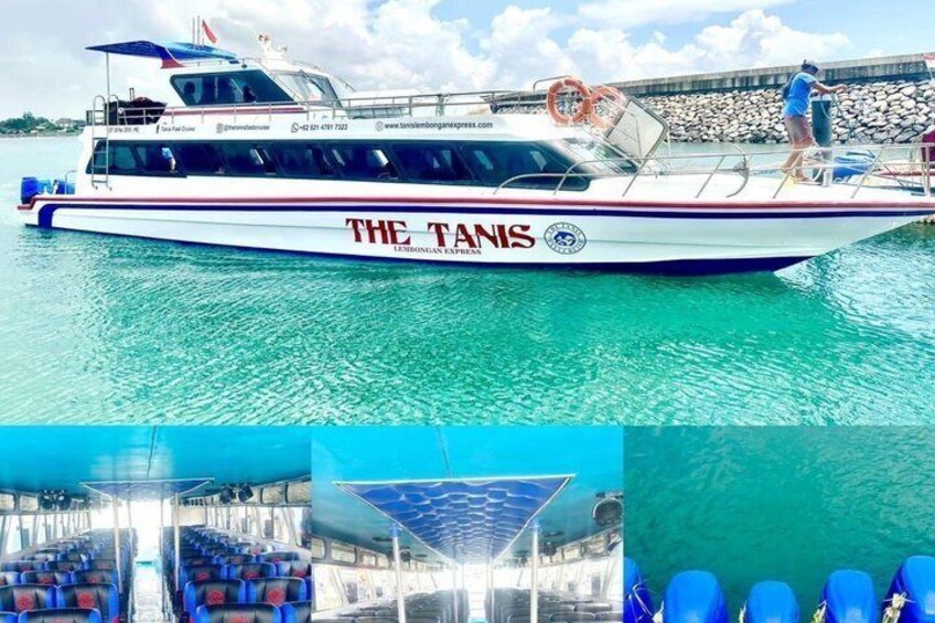 A boat named 'The Tani' with a blue and white color scheme, a lifebuoy, and a person standing on the deck. 1