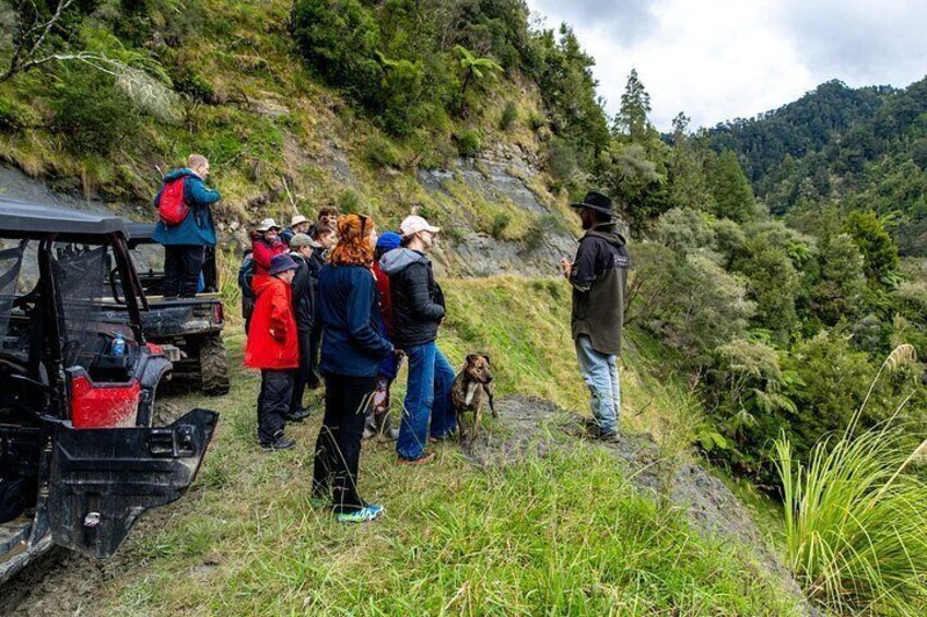A group of people on a grassy hillside with a vehicle and a dog. 4