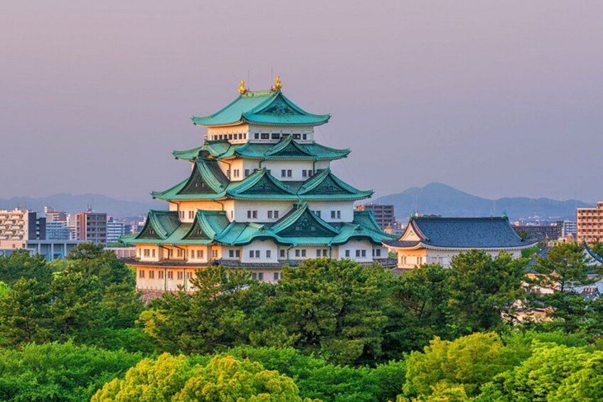 A multi-tiered castle with green roofs, surrounded by lush greenery and urban buildings in the background. 1