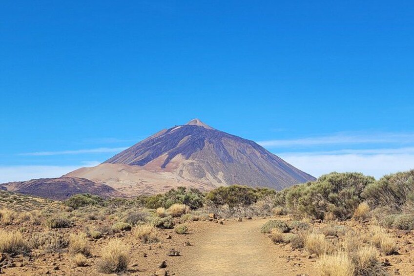 A mountain with a clear sky, a dirt path leading towards it, and sparse vegetation. 4