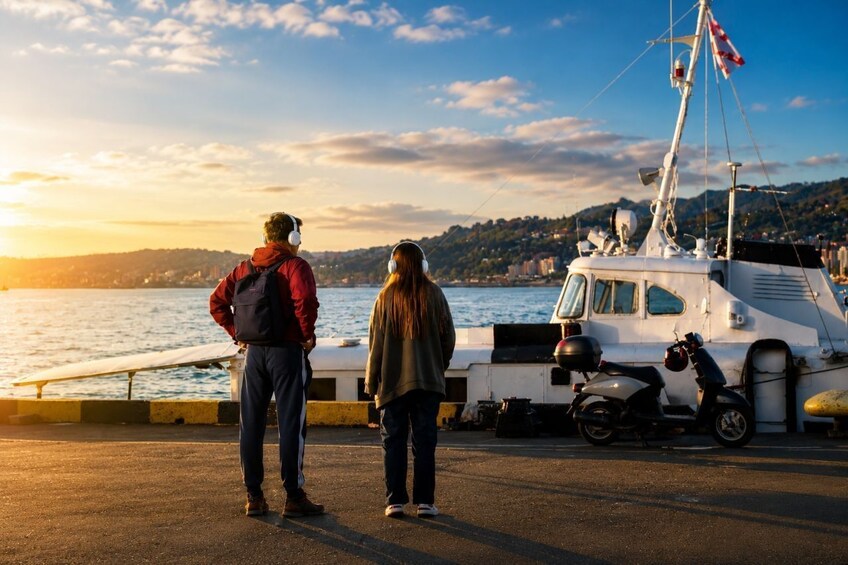 Deux personnes se tiennent près d’un bateau, avec une vue sur la ville et des collines en arrière-plan, au coucher du soleil. 2