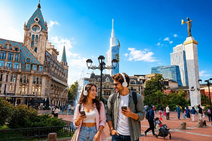 Un couple se promène dans une place de la ville, entouré de bâtiments historiques et avec un gratte-ciel moderne en arrière-plan. 1
