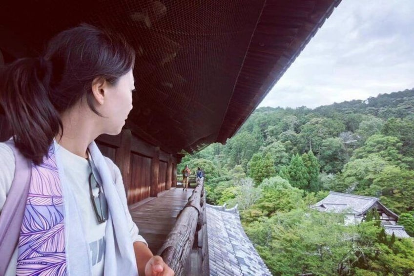 A person standing on a wooden bridge overlooking a forested area with traditional buildings. 1