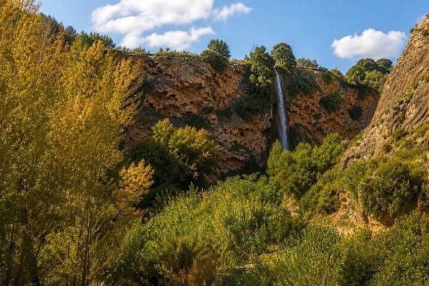A waterfall cascading down a rocky cliff surrounded by dense greenery. 5