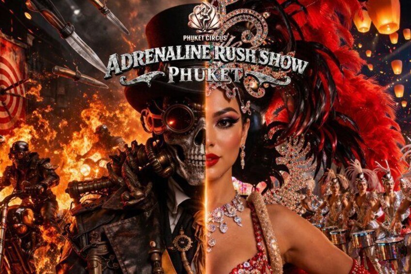 A promotional poster for the Adrenaline Rush Show in Phuket, featuring a performer in a red and gold costume with a skull mask, surrounded by fiery and mechanical elements. 1