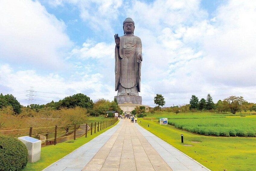 En stor Buddha-staty står längs en asfalterad gångväg, och på vardera sidan om vägen finns en gräsyta. 4