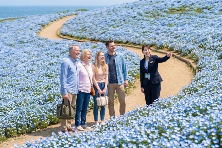 A group of people standing on a dirt path surrounded by fields of blue flowers. 1