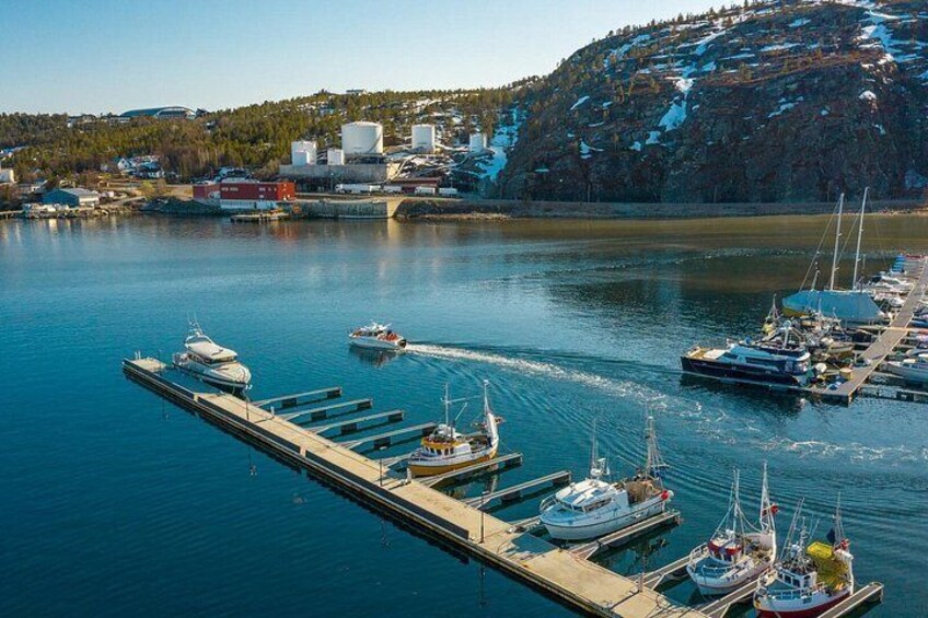 A harbor with boats docked at a pier, a small town in the background, and a hill with sparse vegetation. 5