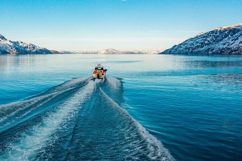 A boat moving across a calm, blue body of water with snow-capped mountains in the background. 4