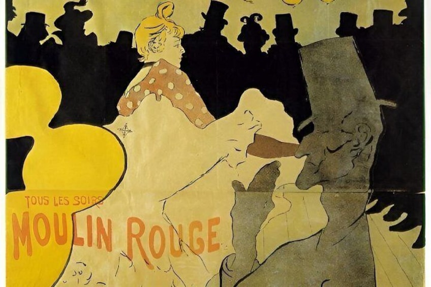 A vintage poster with a woman in polka dot attire, the text 'TOUS LES SOIRS MOULIN ROUGE,' and silhouettes of buildings. 5