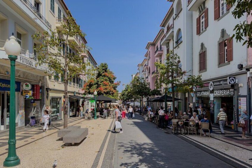 A pedestrian street lined with shops and cafes, trees, and a clear blue sky. 4
