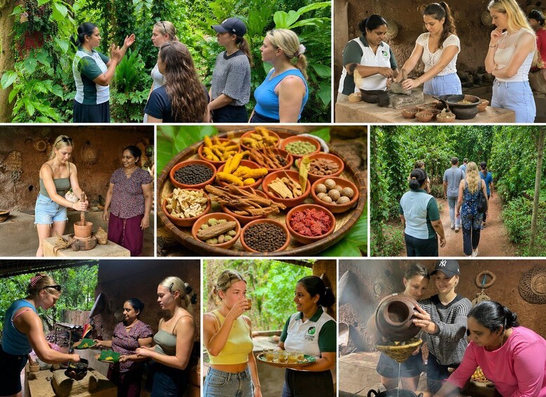 People engaging in traditional cooking and food preparation activities in a lush, green environment. 1