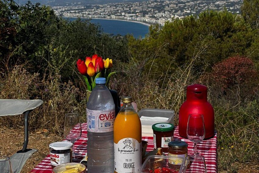 A picnic setup with food, drinks, and flowers on a red and white checkered tablecloth, overlooking a scenic view of a city and water. 4
