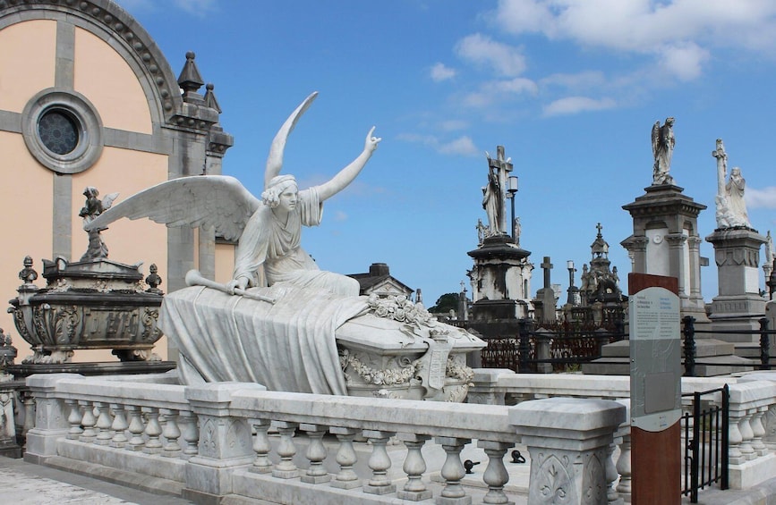 A statue of an angel with outstretched wings, a fountain, and a cemetery with various monuments. 1