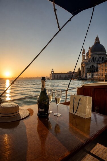 A sunset view from a boat with a bottle of wine, two glasses, and a shopping bag on the table. 1